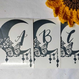 Moon Butterfly Vinyl Monogram Decal, Handmade Vinyl Bumper Sticker, Personalized Laptop Decal, Custom Tumbler Sticker