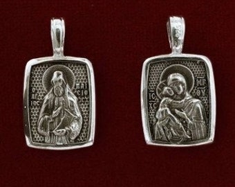 Panagia & St. Paisios 'Anhängercharme Medaillon Sterling Silber 925, Heilige Theotokos, kyrillisches christliches Geschenk, gesegnet,