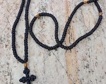 Rosario ortodoxo de satén negro de 300 nudos con nudos grandes