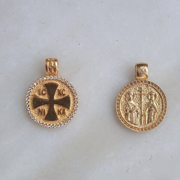 Greek Byzantine Cross ΙϹΧϹ ΝΙΚΑ with zircon  Pendant Necklace, Sterling Silver 925, Gold Plated, Protection Charm, Christmas gift