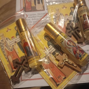 St Cyprian & Justine blessed myrrh gift set with cross blessed prayer against the magic Christian protection gift for