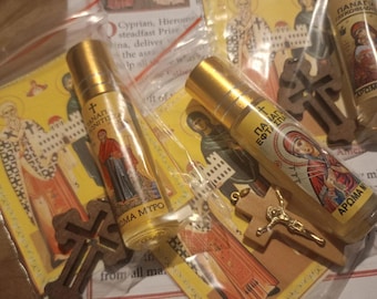 St Cyprian & Justine  myrrh  set with cross  prayer