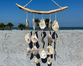 Handmade Metallic Iridescent Oyster Shell & Driftwood Wind Chime Wall Hanging