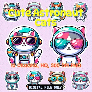 Funny cats clipart Cute cat clipart Kawaii kitten Kitty icons Pet illustration Printable stickers Planner supplies Astronaut Cats