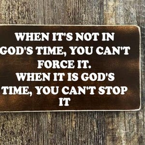 When it&#39;s not in God&#39;s time you can&#39;t force it, when it is in God&#39;s time you can&#39;t stop it, rustic sign, farmhouse sign, home decore