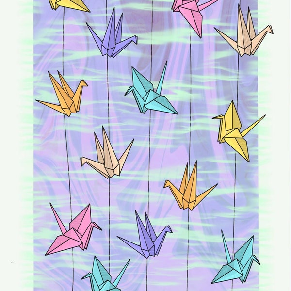 Wish - origami crane hand illustrated print poster