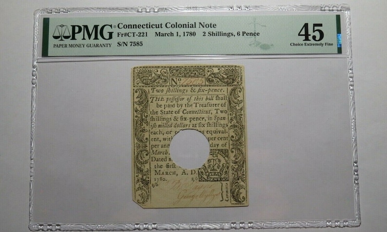 1780 2 Shillings 6 Pence Connecticut CT Colonial Currency Note Bill PMG XF45