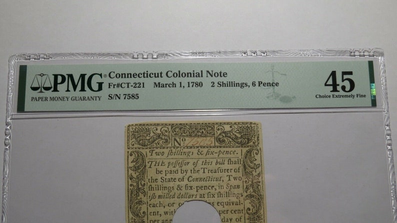 1780 2 Shillings 6 Pence Connecticut CT Colonial Currency Note Bill PMG XF45