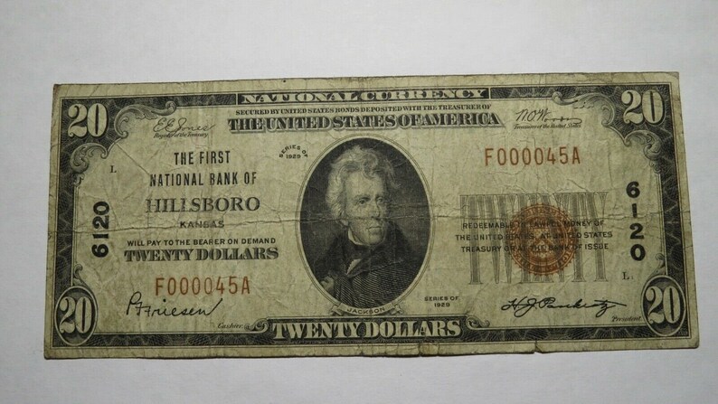 20 1929 Hillsboro Kansas Ks National Currency Bank Note Bill Etsy