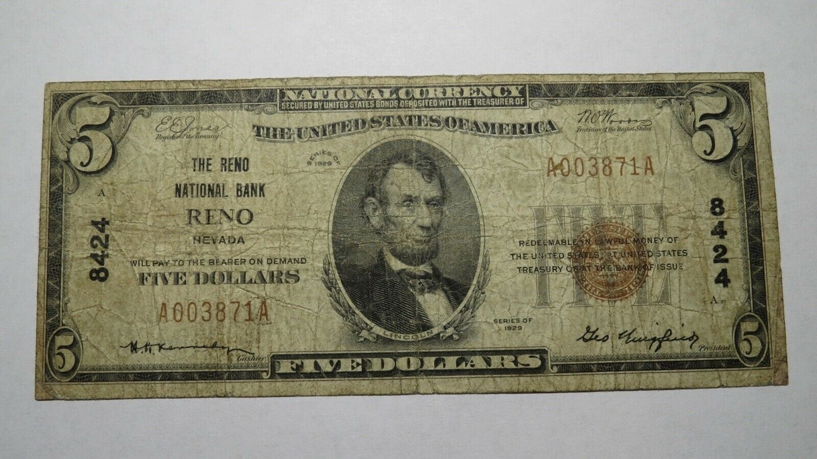 5 1929 Reno Nevada NV National Currency Bank Note Bill Charter Etsy