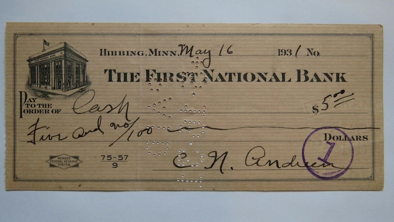 First National Bank 5 1931 Hibbing Minnesota MN Cancelled Check