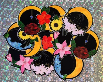 Flos et Luna: Celestial Floral Vinyl Sticker/ Die cut sticker/ Laptop sticker