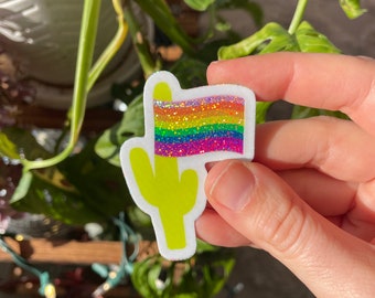 Mini Pride Flag Sparkly Cactus Sticker | LGBTQ+ | Succulent | Holographic | Desert Vibes | Pride Sticker