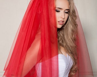 Wedding veil, Red wedding veil, Fingertip wedding veil, Bridal veil, Cathedral wedding veil, Cut edge veil,Simple veil,Red bride accessories