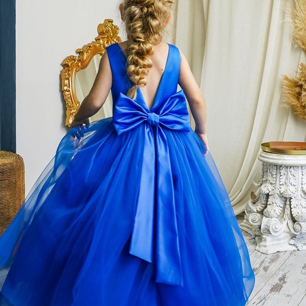 Robe de demoiselle d'honneur bleu royal, robe de demoiselle d'honneur avec noeud bleu, tutu bleu royal, déguisements filles, robe longue de demoiselle d'honneur et robe d'anniversaire bleue