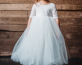 Flower girl dress tulle, Flower girl dress ivory, Flower girl dress lace top, White flower girl dress,Girl dress long sleeve,Boho girl dress