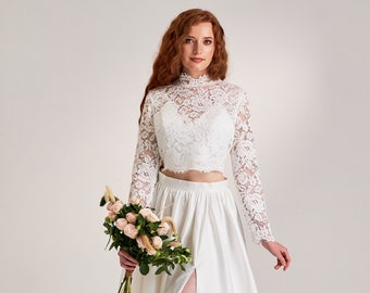 Bridal crop top, Boho wedding dress topper, Lace capelet shirt, White lace top woman, Floral lace top, Lace wedding dress with sleeves