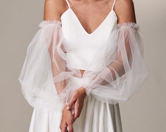 Wedding sleeves off the shoulder, Removable sleeves white puff,Removable sleeves for dress,Long wedding sleeves for arms,Sheer sleeves ivory