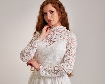 Lace crop top boho wedding, Wedding long sleeve bolero, Lace bridal top, White bridal top, Ivory bridal top, Satin top