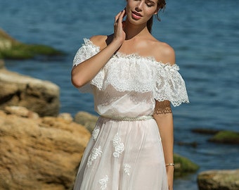 Simple wedding dress, Bohemian wedding dress with floral lace,Beach wedding dress, Off the shoulders wedding dress,  Lace wedding dress