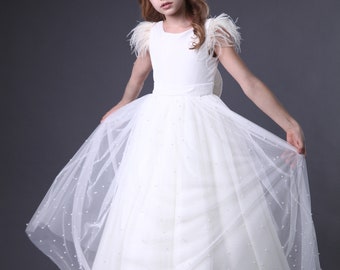 Feder Blumenmädchen Kleid, Blumenmädchen Kleid Bogen auf dem Rücken, Kommunionkleid Mädchen, Kommunionkleider Mädchen, Junior Brautjungfer Kleid weiß