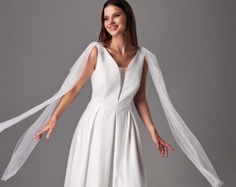 Simple wedding dress minimalist, Floor length wedding dress,Wedding dress satin v neck,Cape sleeve wedding dress,Unique wedding dress modern