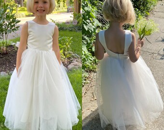 Satin and tulle flower girl dress, Ivory flower girl dress size 8, Infant ball gown, Girl dress with tulle, Pageant dresses for girls