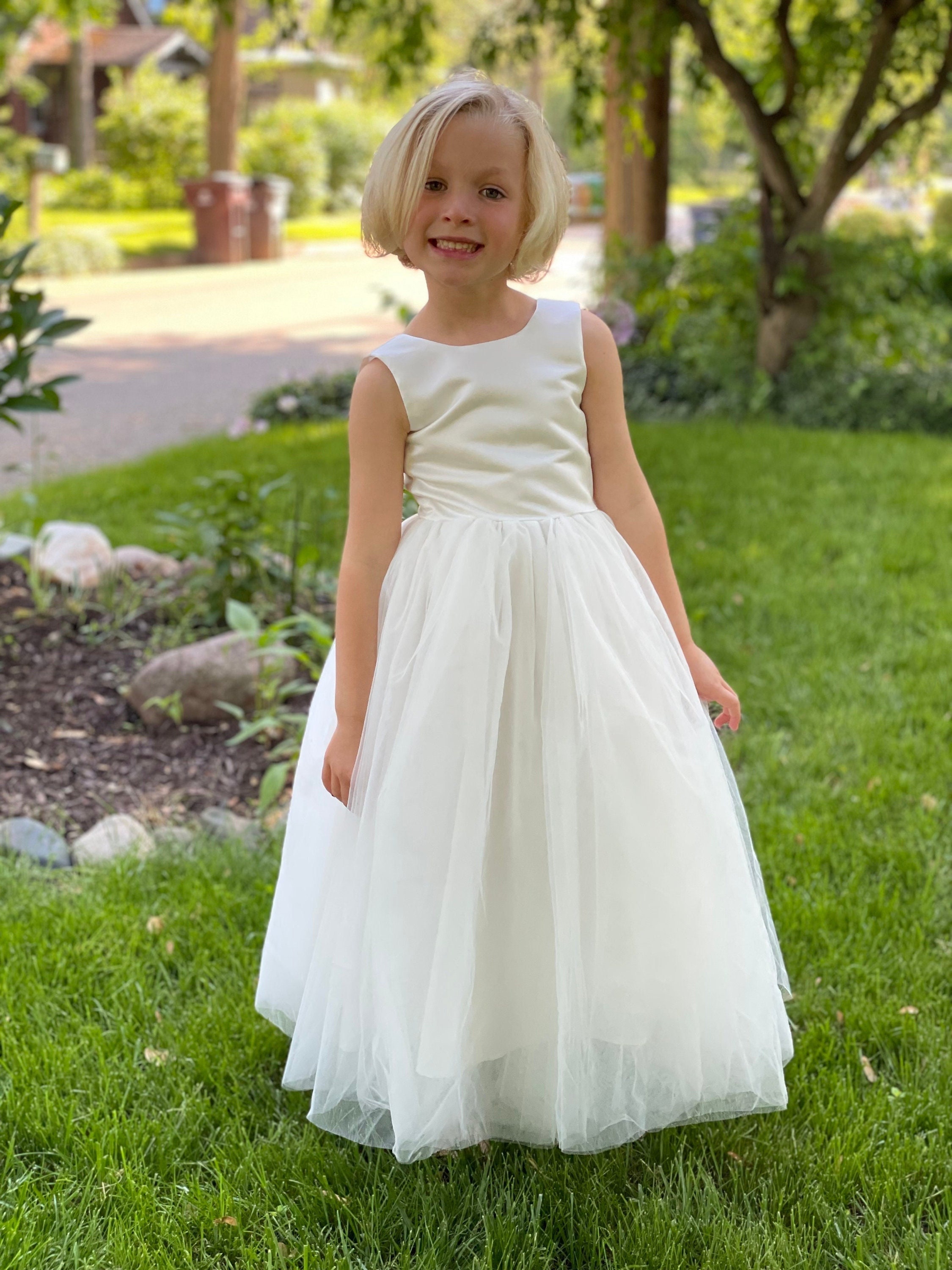 Satin Floral Rose Petals White Tulle Flower Girl Dress Wedding Pageant  Birthday
