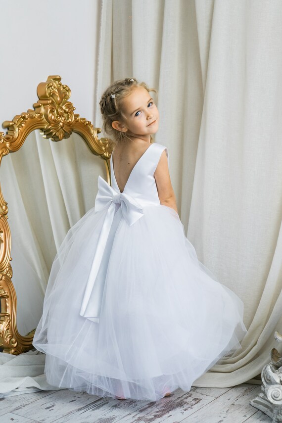 White flower girl dress with gold sash sale