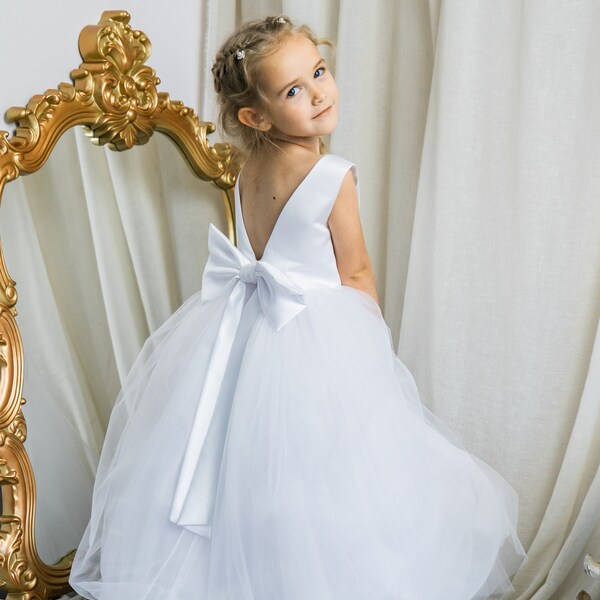 Simple flower girl dress, Backless flower girl dress, Satin flower girl dresses, Princess tutu dress, Birthday girl dress, Photoshoot dress