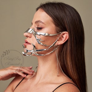 Gothic face mask, Metal face mask, Cyberpunk face mask, Face chain festival, Punk jewelry for women, Gothic mask, Jaw mask, Alien mask adult