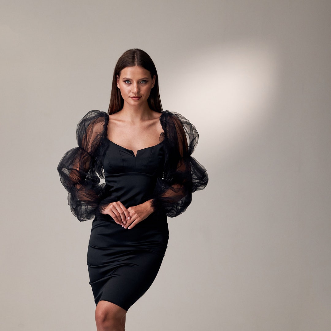 4511386 Black Tulle Sleeve Pencil Dress
