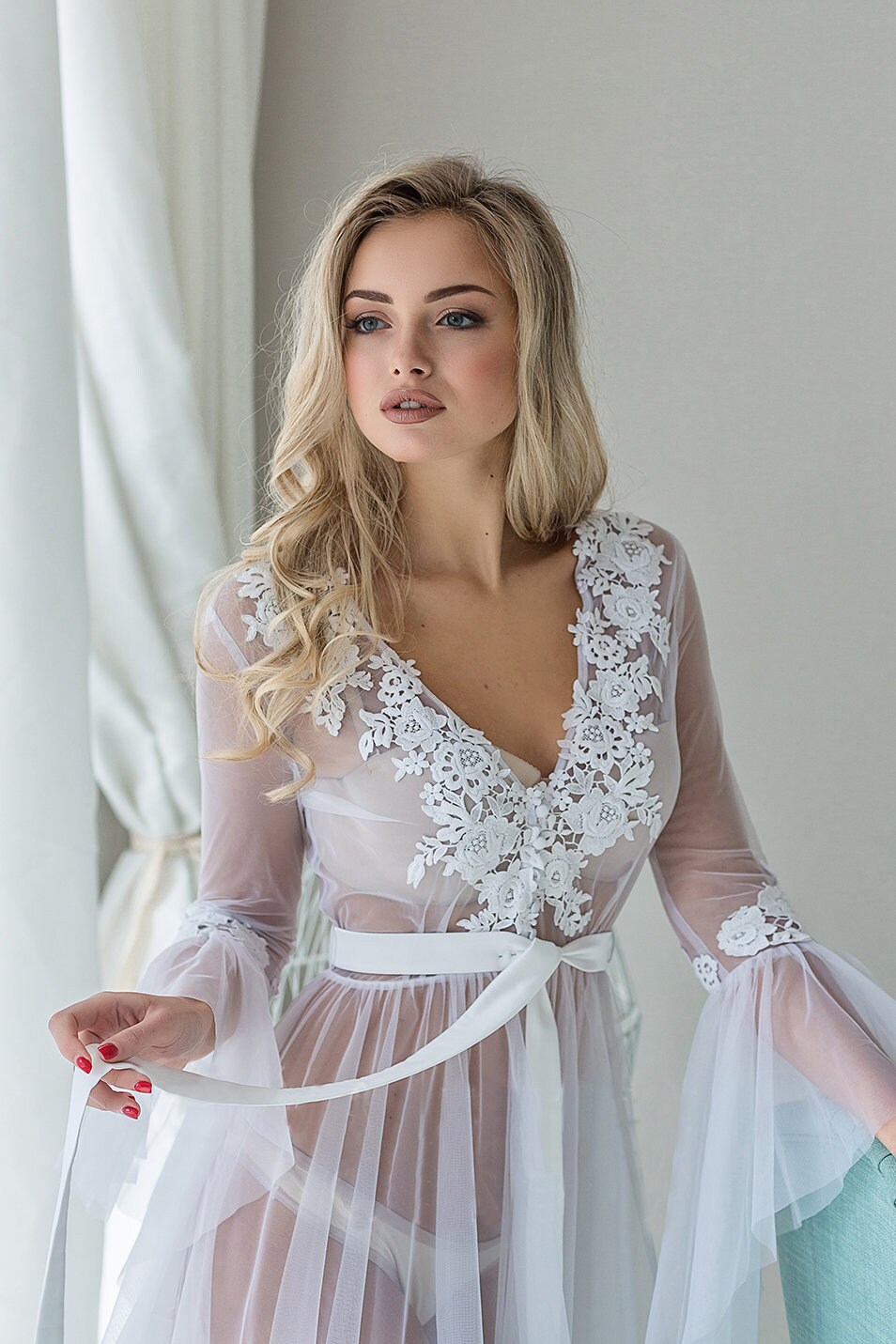 White Bridal Robelong Robe Bridesheer Robe Lingeriesilk Etsy