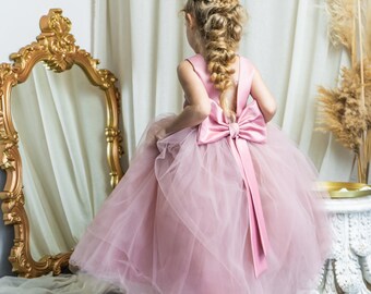 Dusty pink flower girl dress, Tutu flower girl dress, Party dress for girl, Flower girl dress toddler, Flower girl dress with bow