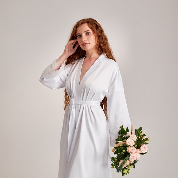 White bridal robe modern, Bridal robe midi, Robe for bride satin, Short bridal robe, Ivory robe for bride