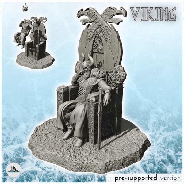 Roi viking à casque à cornes sur trône sculpté (12) - STL 3D Impression FDM SLA Alkemy Asgard Seigneur des Anneaux Saga