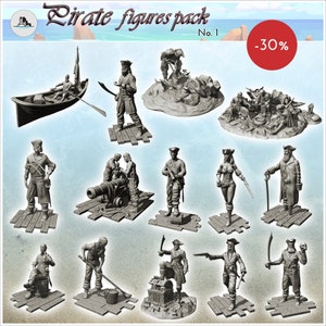 Piraten-Figurenpaket Nr. 1 – STL-3D-Druck-Piraten-Dschungel-Insel-Strand-Karibik-Mittelalter-Renaissance-Schädel-Druckermodell