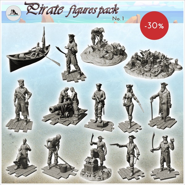 Pack de figurines Pirate No. 1 - STL Impression 3D Pirate Jungle Île Plage Caraïbe Médiéval Renaissance Crâne Imprimante Modèle