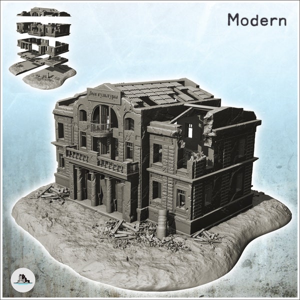 Verwoest openbaar gebouw met plaatstalen dak - STL 3D Printing Printer Koude Oorlog Derde Wereldoorlog Tweede Stedelijk Stalingrad