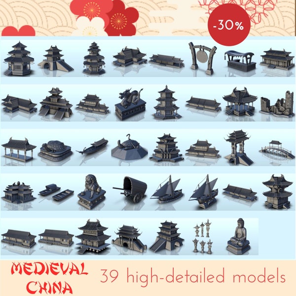 Medieval chinese pack  - STL 3D Printing Asian Japan Pacific terrain architecture Bolt Action CLASH of Katanas Samurai