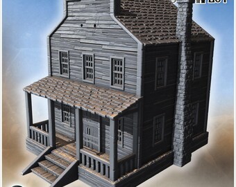 Wooden house with stepped gable, front porch, chimney and symmetrical facade (20) - STL 3D Printing Western Wild West Historical