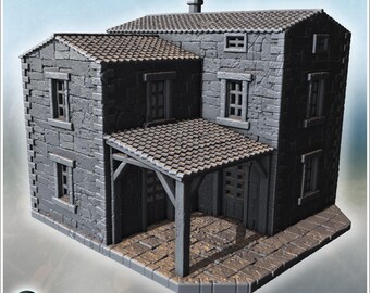 Stone village house with covered porch support beams and elevated entrance platform (31) - STL 3D Printing Modern Conflicts 20th 21st Centur