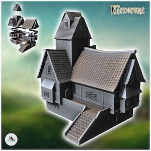 House with large access staircase and m - STL 3D Print Dark Gothic Feudal Old Saga DnD Mini Arkham RPG Frostgrave Malifaux DBA