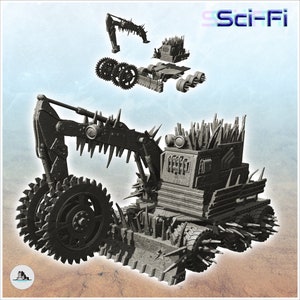 Post-apo backhoe with multiple rotary saws - STL 3D Printing model SF Futuristic Futur Post apocalypse Postapo Cyberpunk Cyber Zombie
