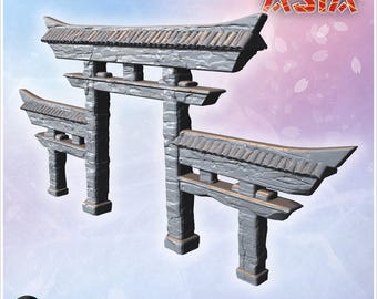 Torii gate with three arched sections and detailed textured wooden beams (4)