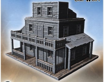 Wooden saloon-style building with large upper balcony, tin side roof and wooden porch (21) - STL 3D Printing Western Wild West Historical
