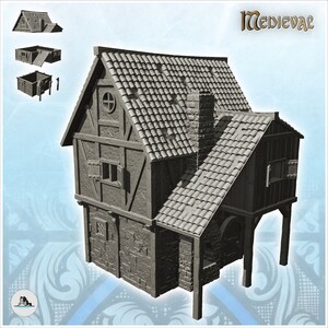 Large medieval stone house with tile roof - STL 3D Print Dark Gothic Feudal Old Saga DnD Mini Arkham RPG Frostgrave Malifaux DBA