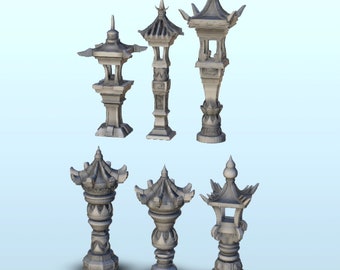 Set di sei lampade cinesi intagliate 2 - STL stampa 3D arredamento architettonico Bolt Action CLASH di Katanas Samurai tempio katana
