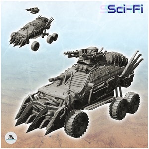 Six-wheeled vehicle with weapons, spikes - STL 3D Printing model SF Futuristic Futur Post apocalypse Postapo Cyberpunk Cyber Zombie