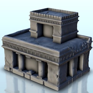 May include: A gray, stone building with a flat roof and a smaller, rectangular structure on top. The building has a decorative pattern around the base and a small opening in the front.